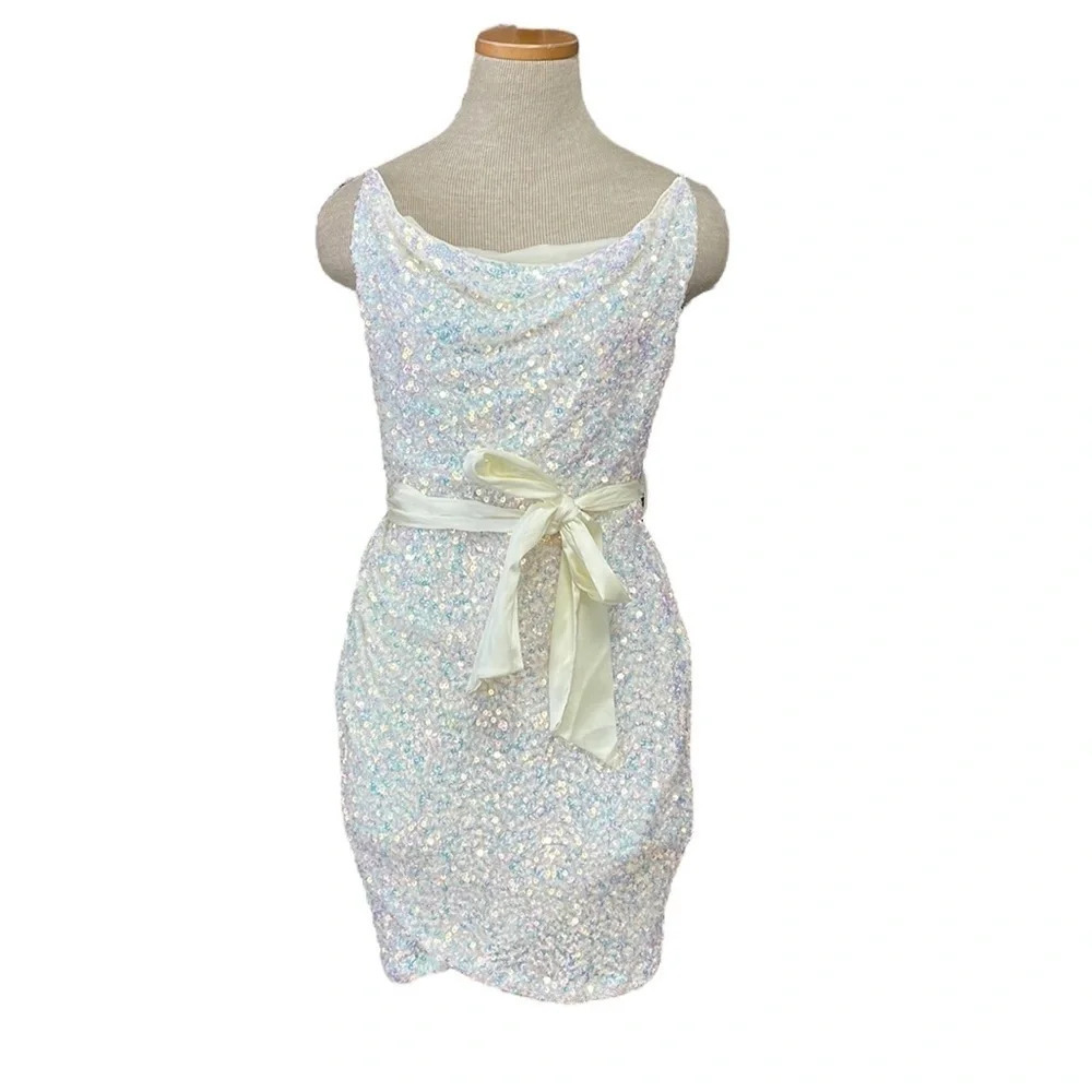 Mable Dress NWT Mini Sequin Sleeveless Scoop Neck Off White Pink Size Medium M - Picture 3 of 15
